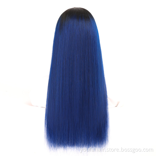 10A Peruvian Virgin Human Hair Cuticle Aligned Full Machine Made Wigs Ombre 1B Blue Color Glueless Non Lace Bangs Human Hair Wig